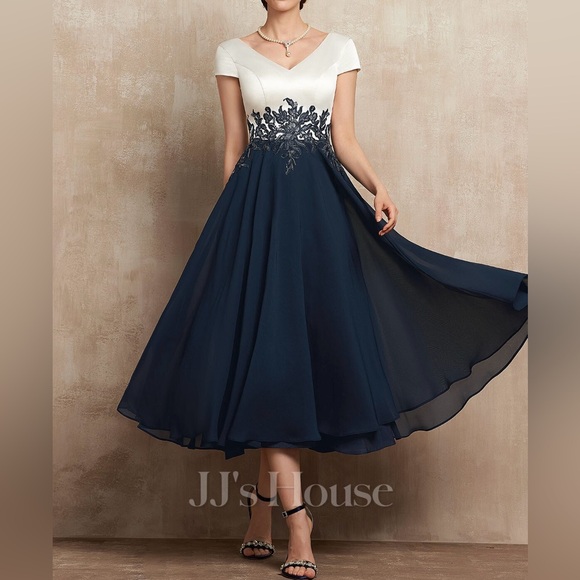 JJs House Dresses & Skirts - JJ’s House A-Line V-Neck Tea Length Satin Chiffon Mother Of The Bride Dress